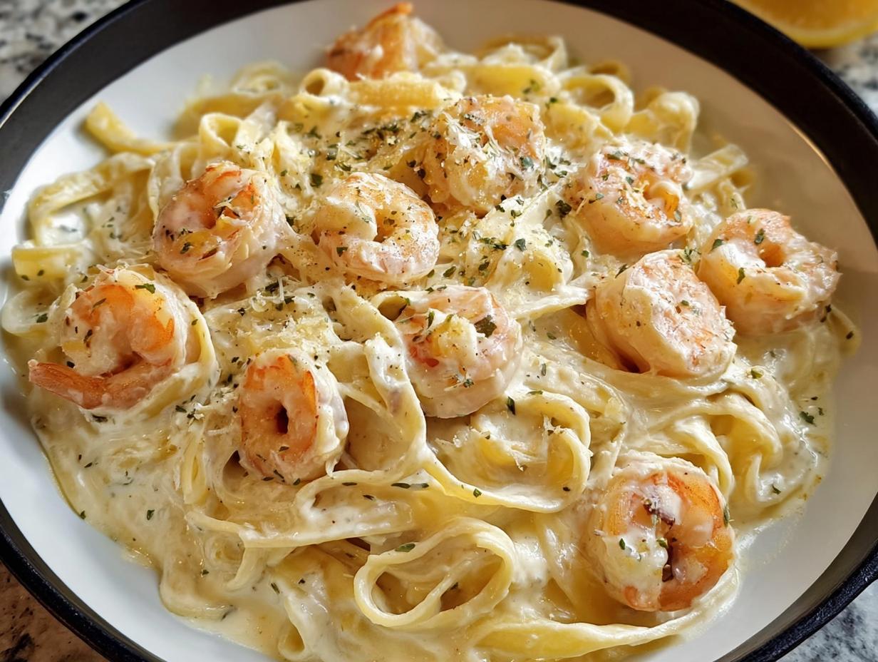 A close-up of fettuccine pasta tossed in a rich, creamy Parmesan sauce, topped with perfectly cooked shrimp.