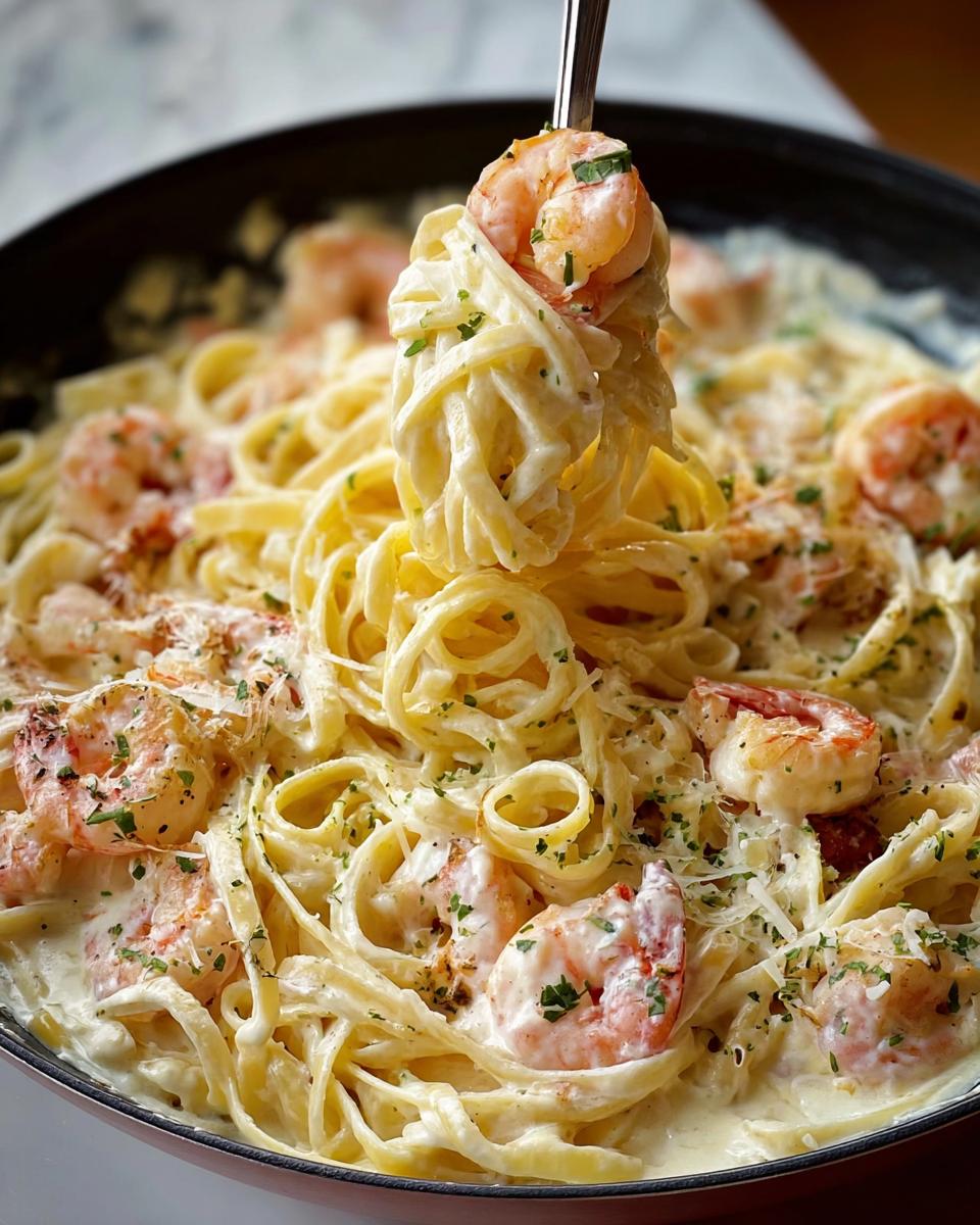 A fork lifts a twirl of fettuccine pasta and a large shrimp from a pan of Shrimp Alfredo with Creamy Parmesan Sauce.