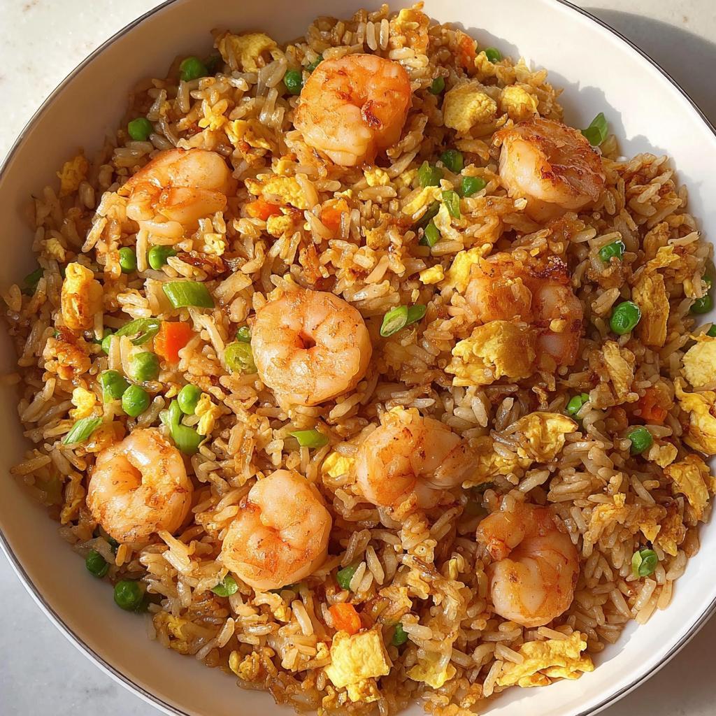 Top-down view of a bowl filled with Shrimp Fried Rice with Extra Crispy Bits, featuring plump shrimp and scrambled egg.