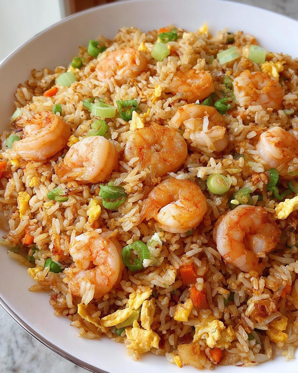 A close-up bowl of delicious Shrimp Fried Rice with Extra Crispy Bits, topped with plump shrimp and scallions.