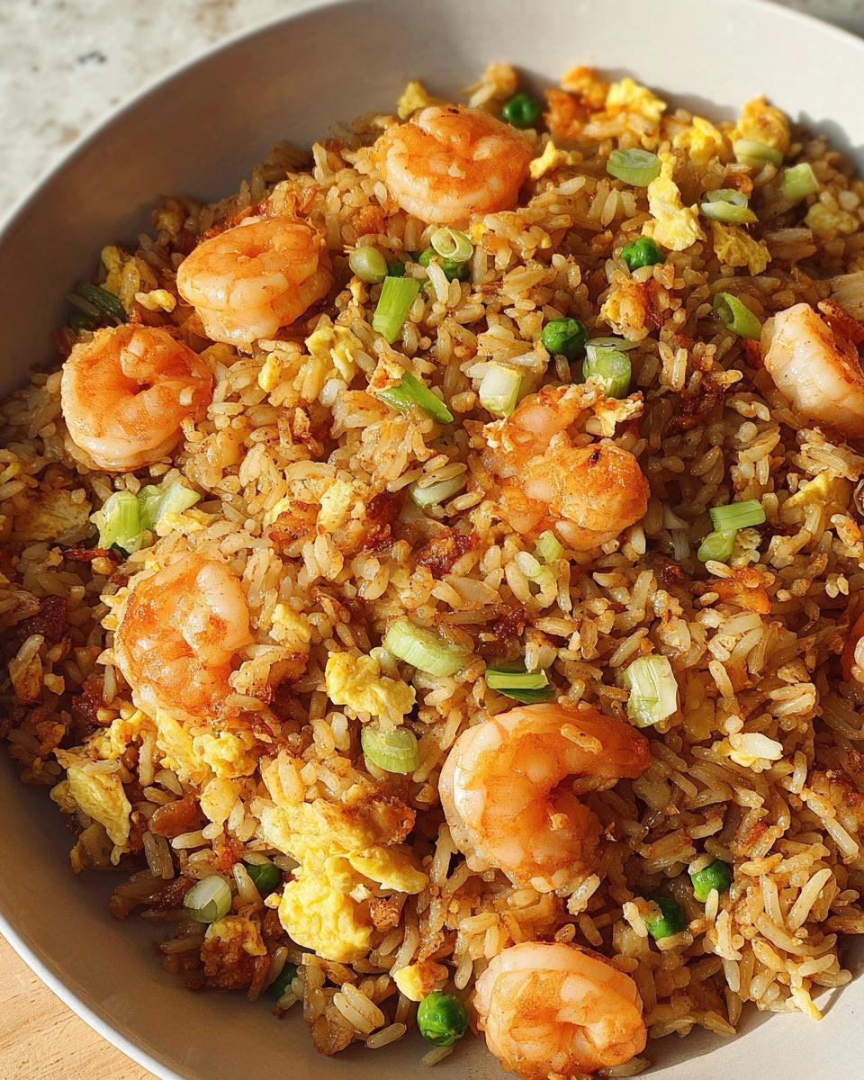 Close-up of flavorful Shrimp Fried Rice with Extra Crispy Bits, featuring plump shrimp, scrambled egg, and green onions.