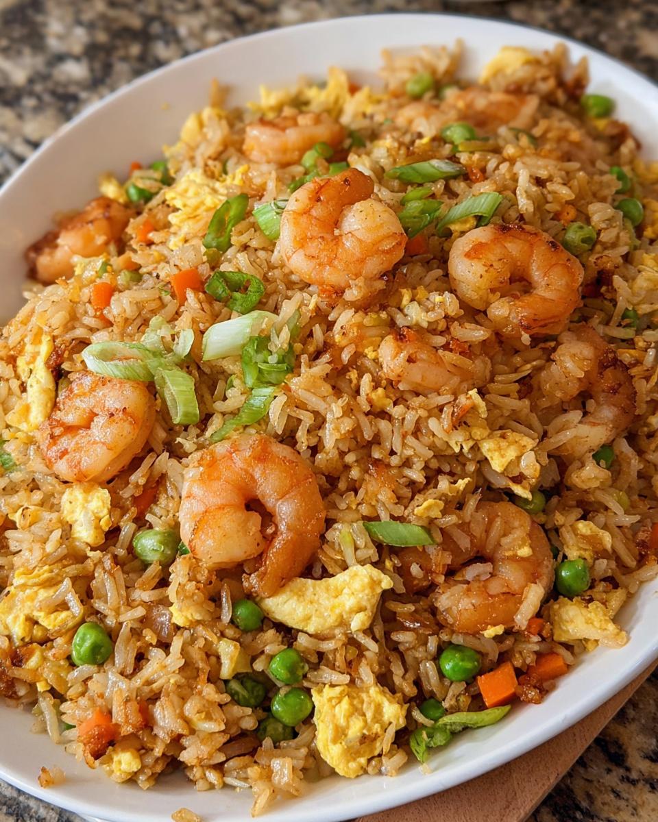 A close-up of flavorful Shrimp Fried Rice with Extra Crispy Bits, featuring plump shrimp, scrambled egg, peas, and green onions.