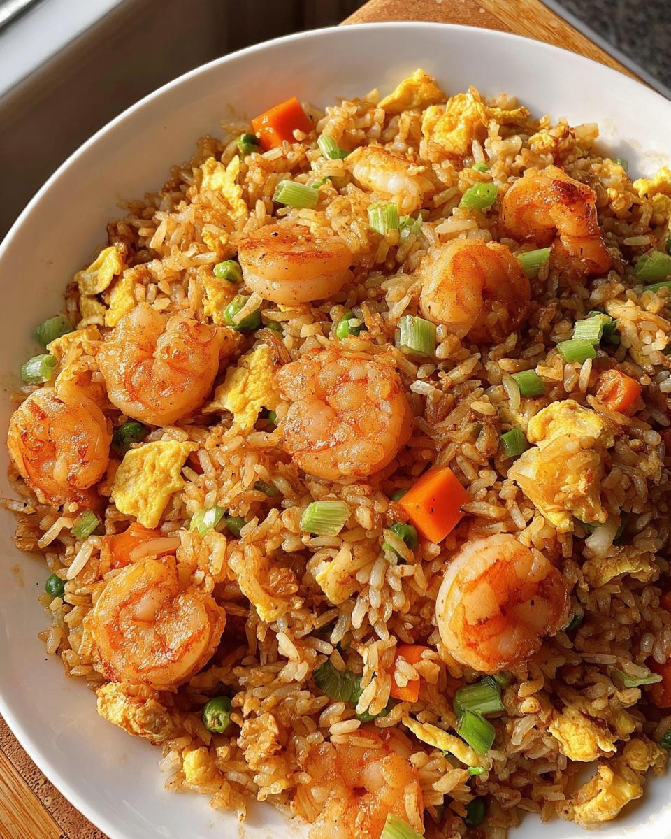 Close-up of a white bowl filled with golden brown Shrimp Fried Rice with Extra Crispy Bits, shrimp, and scrambled egg.