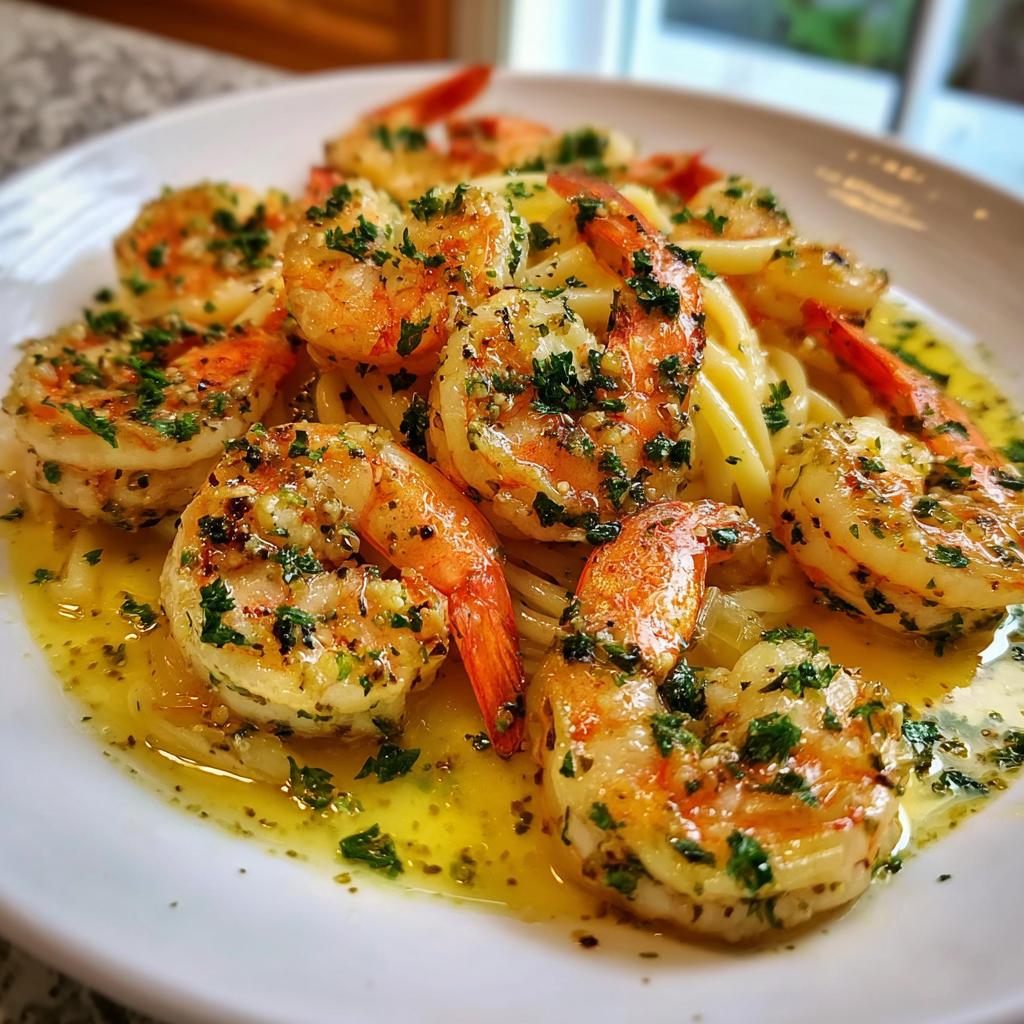 Close-up of Shrimp Scampi with Bright Lemon and Butter sauce served over pasta on a white plate.