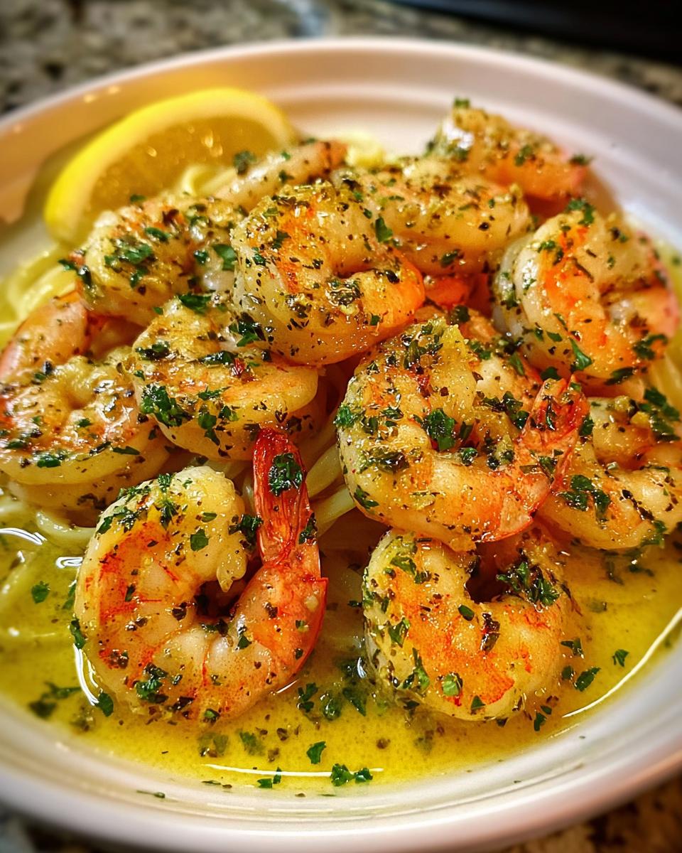 Plump shrimp coated in garlic butter sauce, served over pasta, highlighting the Shrimp Scampi with Bright Lemon and Butter.