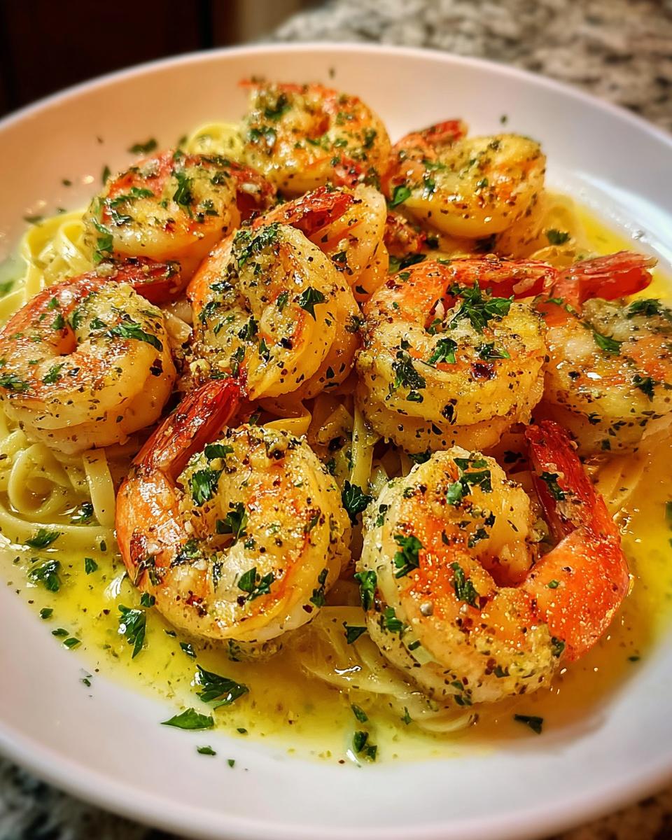 Close-up of perfectly cooked Shrimp Scampi with Bright Lemon and Butter sauce served over linguine.