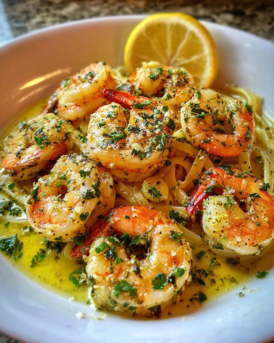 Close-up of juicy shrimp scampi served over pasta, glistening in bright lemon and butter sauce with parsley.