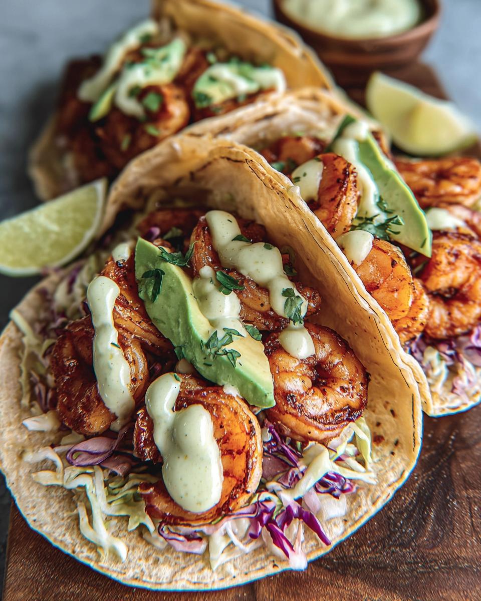 Close-up of delicious Shrimp Tacos with Creamy Lime Sauce, topped with avocado slices and slaw.