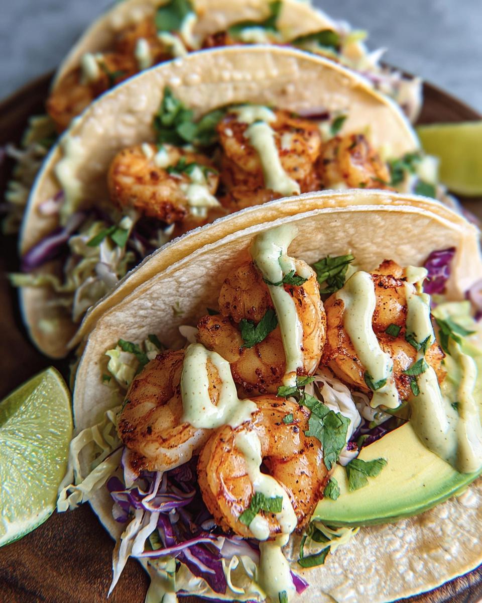 Close-up of delicious Shrimp Tacos with Creamy Lime Sauce, topped with cabbage slaw and avocado.