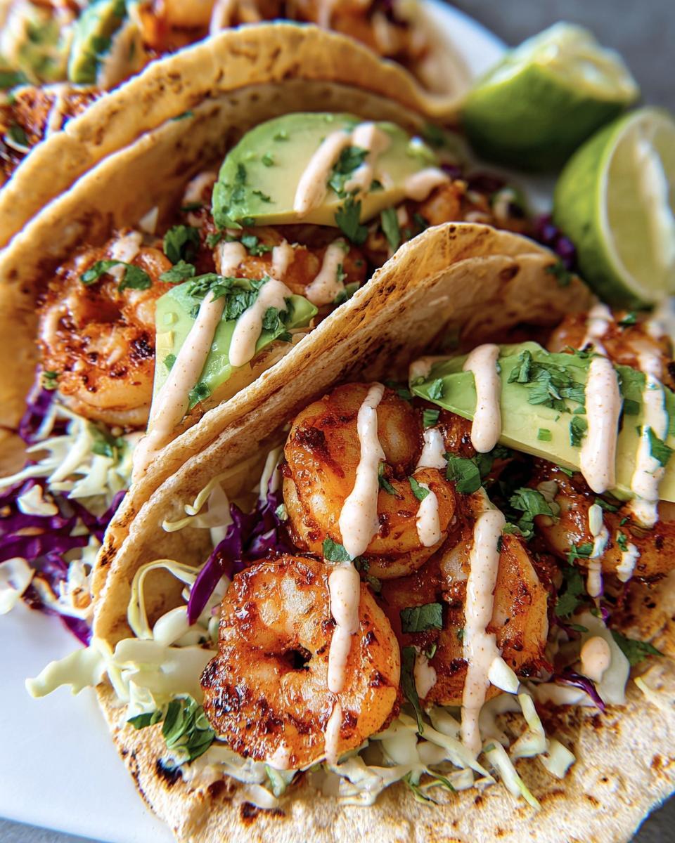 Close-up of delicious Shrimp Tacos with creamy lime sauce drizzle, avocado, and slaw.