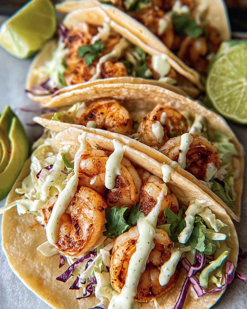Close-up of two delicious Shrimp Tacos with grilled shrimp, slaw, and a drizzle of creamy lime sauce.