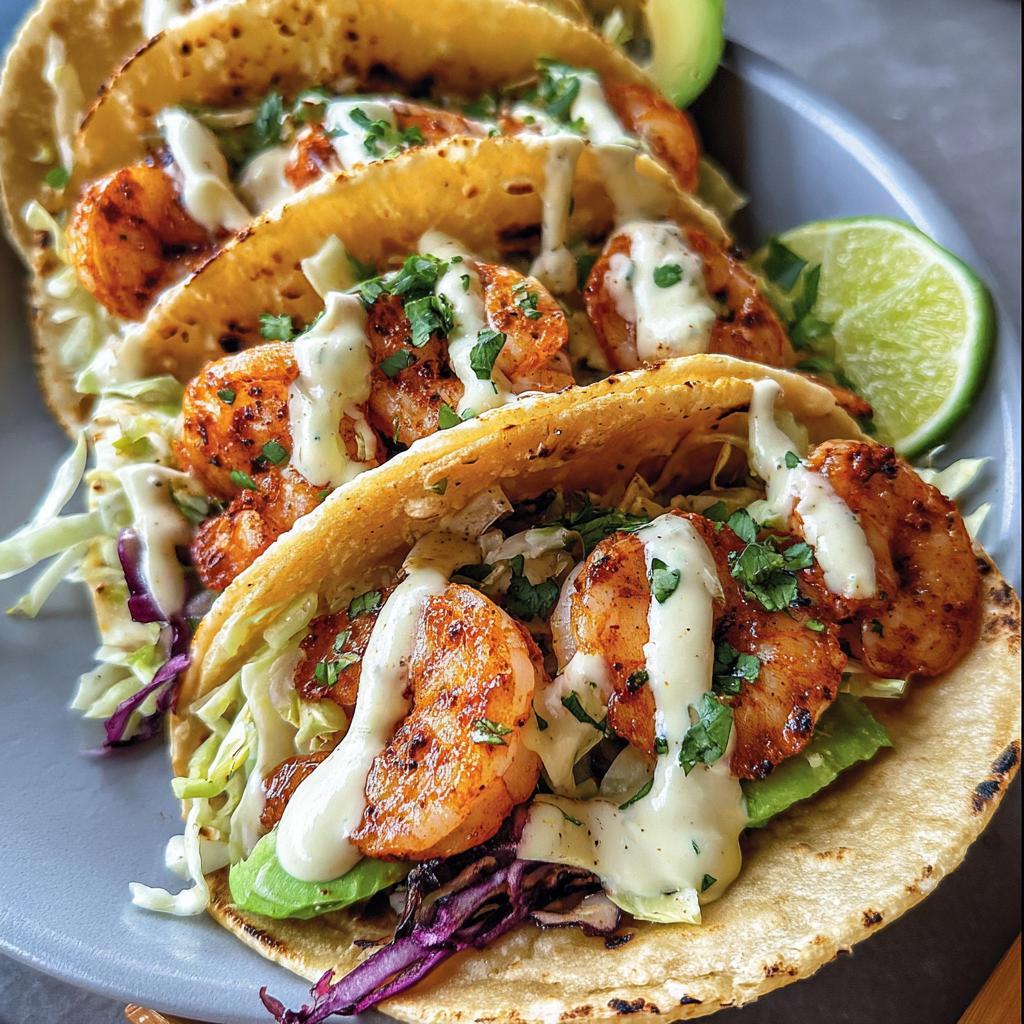 Close-up of three delicious Shrimp Tacos with Creamy Lime Sauce, topped with cabbage slaw and cilantro.
