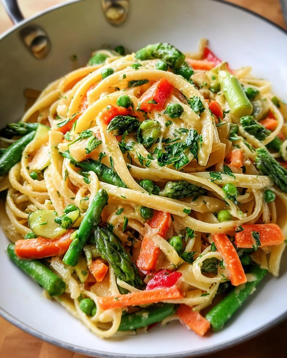 A close-up of Simple Pasta Primavera with Colorful Veggies featuring linguine, bright green asparagus, carrots, and peas in a light sauce.