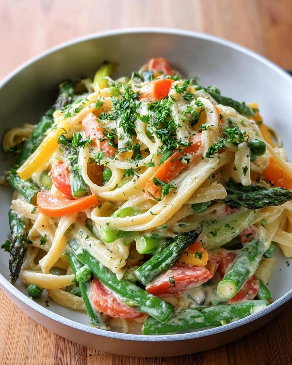 A bowl of Simple Pasta Primavera with Colorful Veggies tossed in a creamy sauce and topped with fresh parsley.