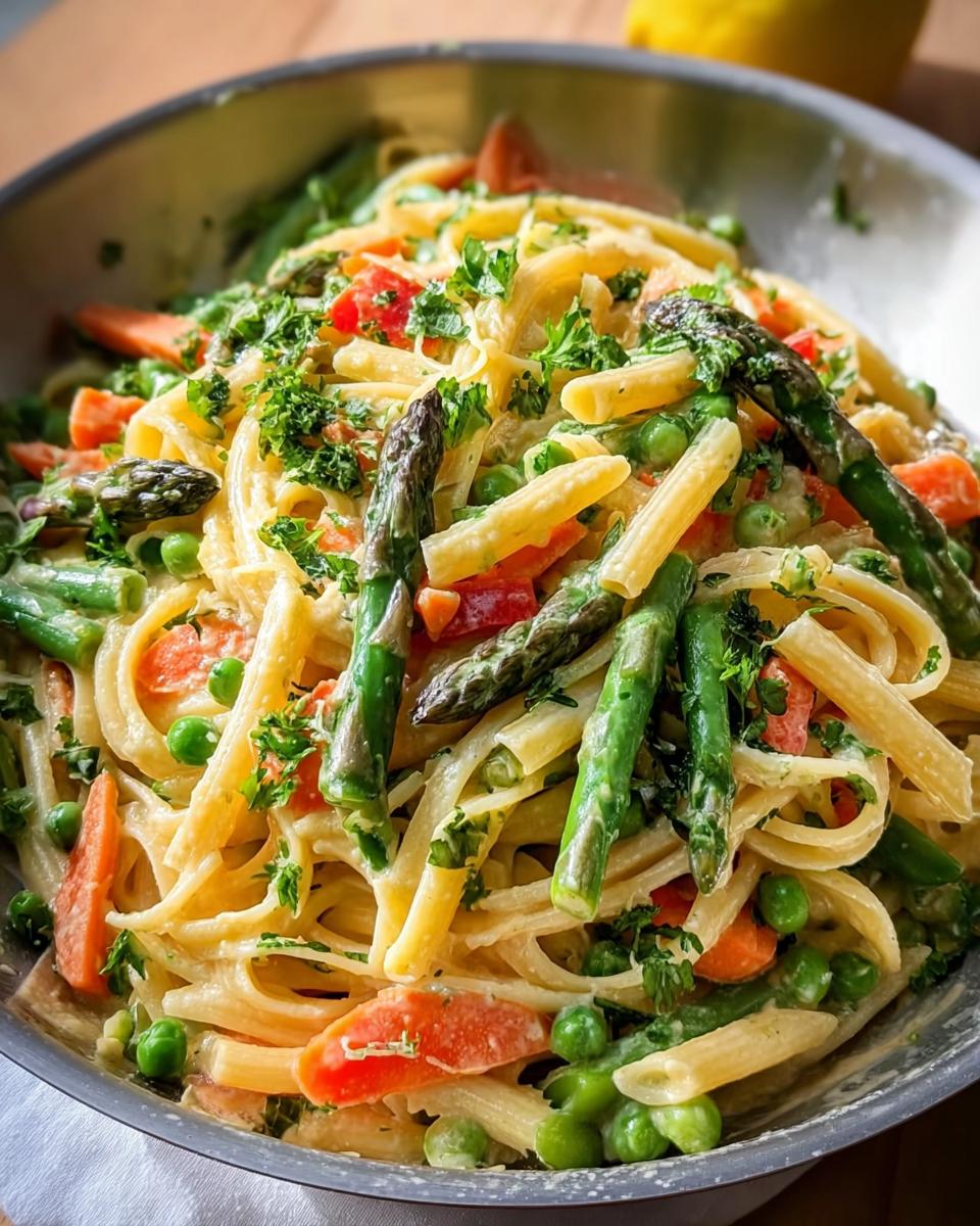 Close-up of Simple Pasta Primavera with Colorful Veggies, featuring penne pasta, asparagus, peas, and carrots in a creamy sauce.