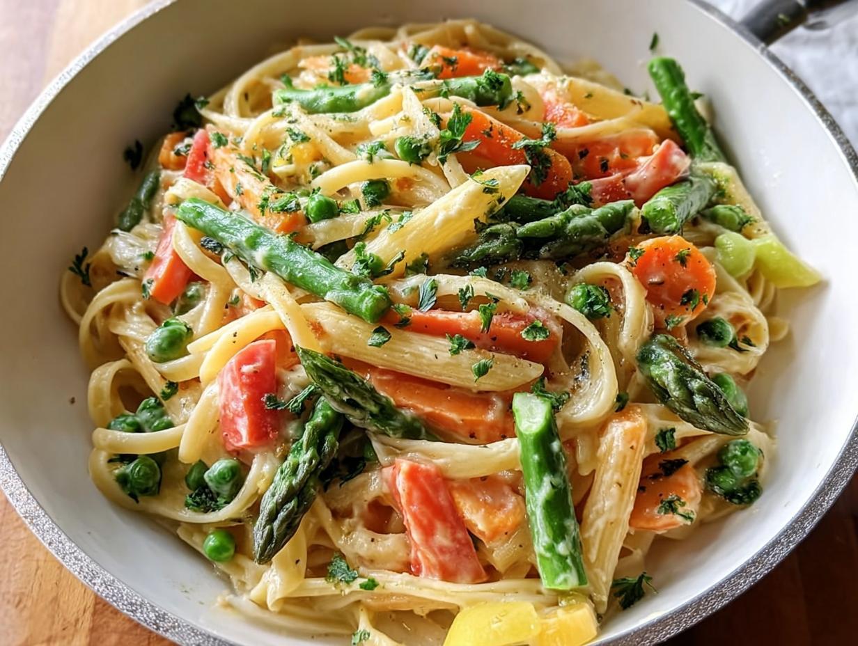 Close-up of Simple Pasta Primavera with Colorful Veggies, including asparagus, carrots, and peas in a creamy sauce.