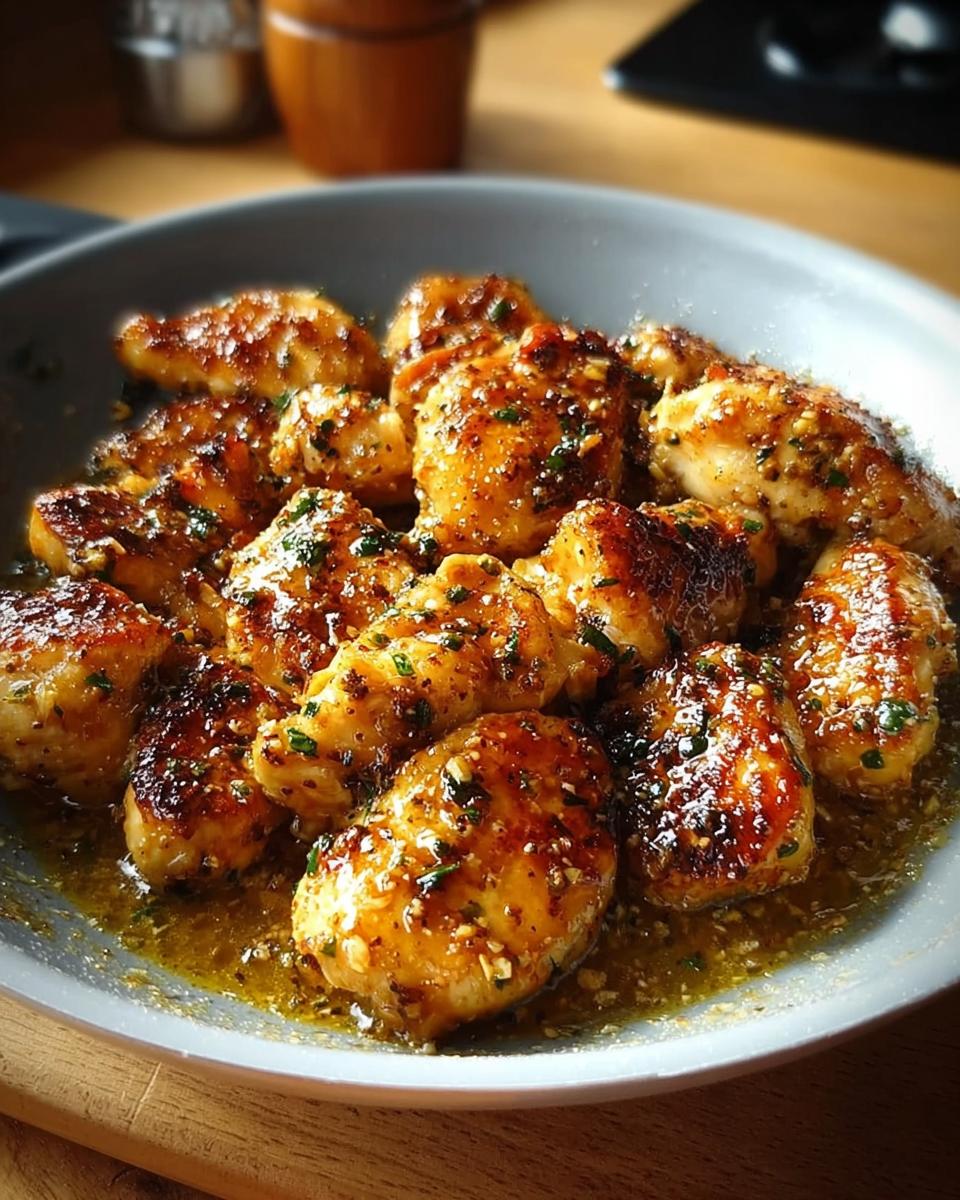 Close-up of golden brown Skillet Garlic Butter Chicken pieces coated in rich garlic butter sauce.