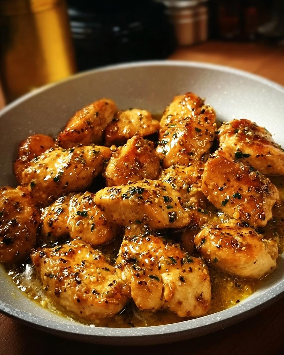 Close-up of bite-sized Skillet Garlic Butter Chicken pieces coated in a rich, glossy garlic butter sauce.