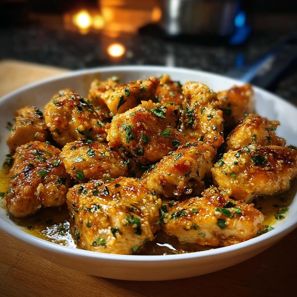 Close-up of juicy Skillet Garlic Butter Chicken pieces coated in a glossy sauce and topped with fresh parsley.