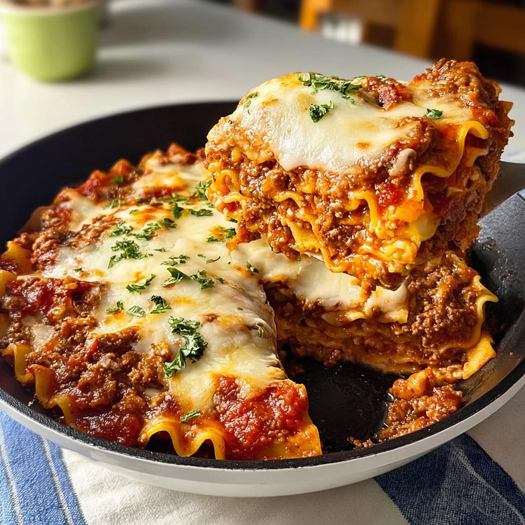A spatula lifts a thick slice of Skillet Lasagna with All the Cozy Layers from the pan, showing melted cheese and meat sauce.