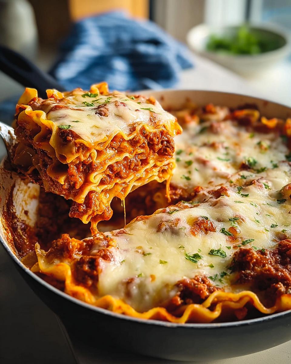 A serving spoon lifts a cheesy, layered piece of Skillet Lasagna with All the Cozy Layers from the pan.