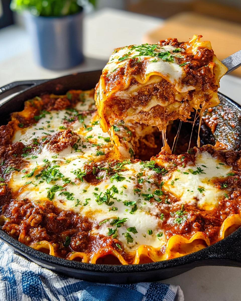 A spatula lifts a cheesy, saucy slice of Skillet Lasagna with All the Cozy Layers from a black cast iron pan.