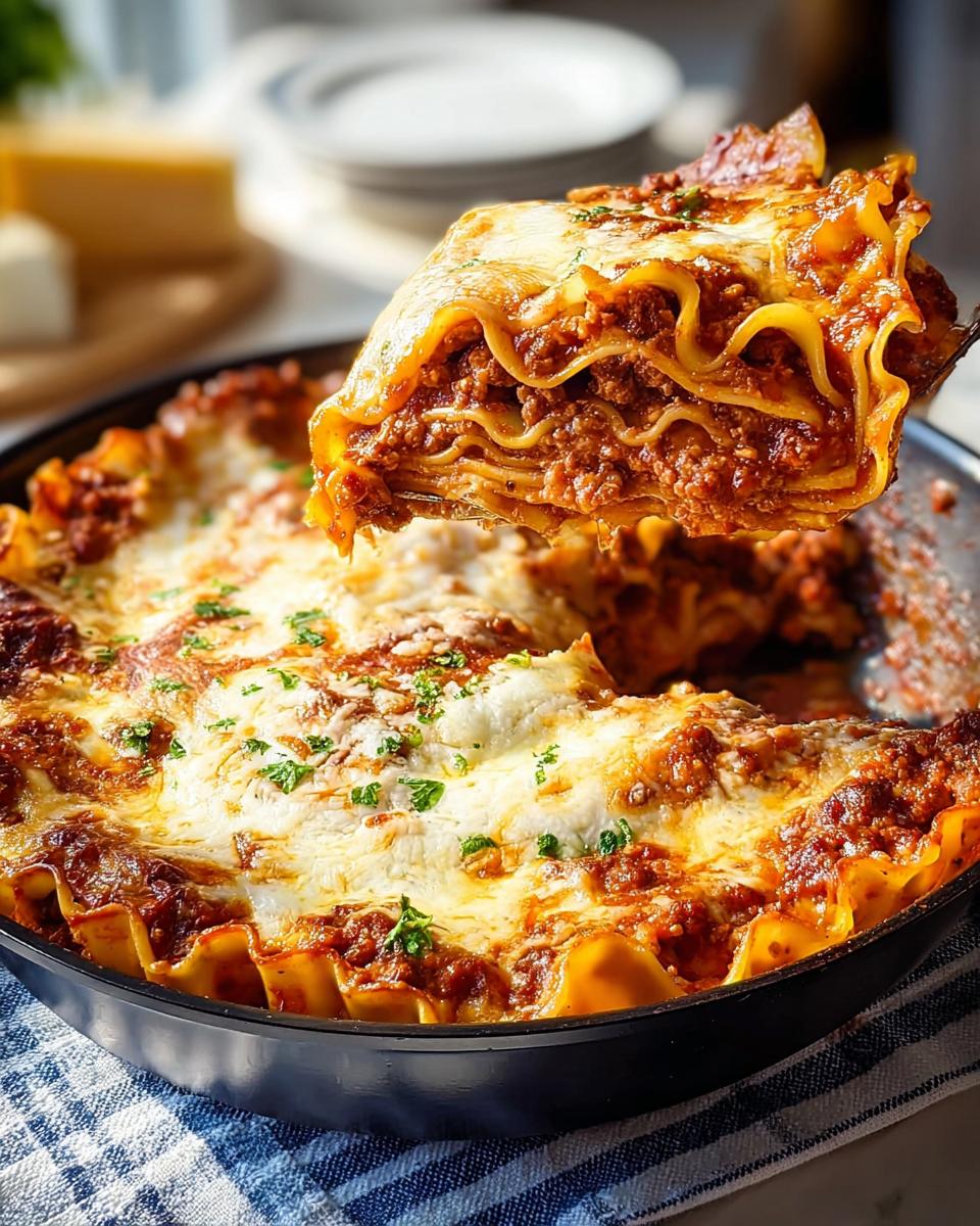 A serving of Skillet Lasagna with All the Cozy Layers being lifted out of a black pan, showing thick layers of pasta, meat sauce, and melted cheese.