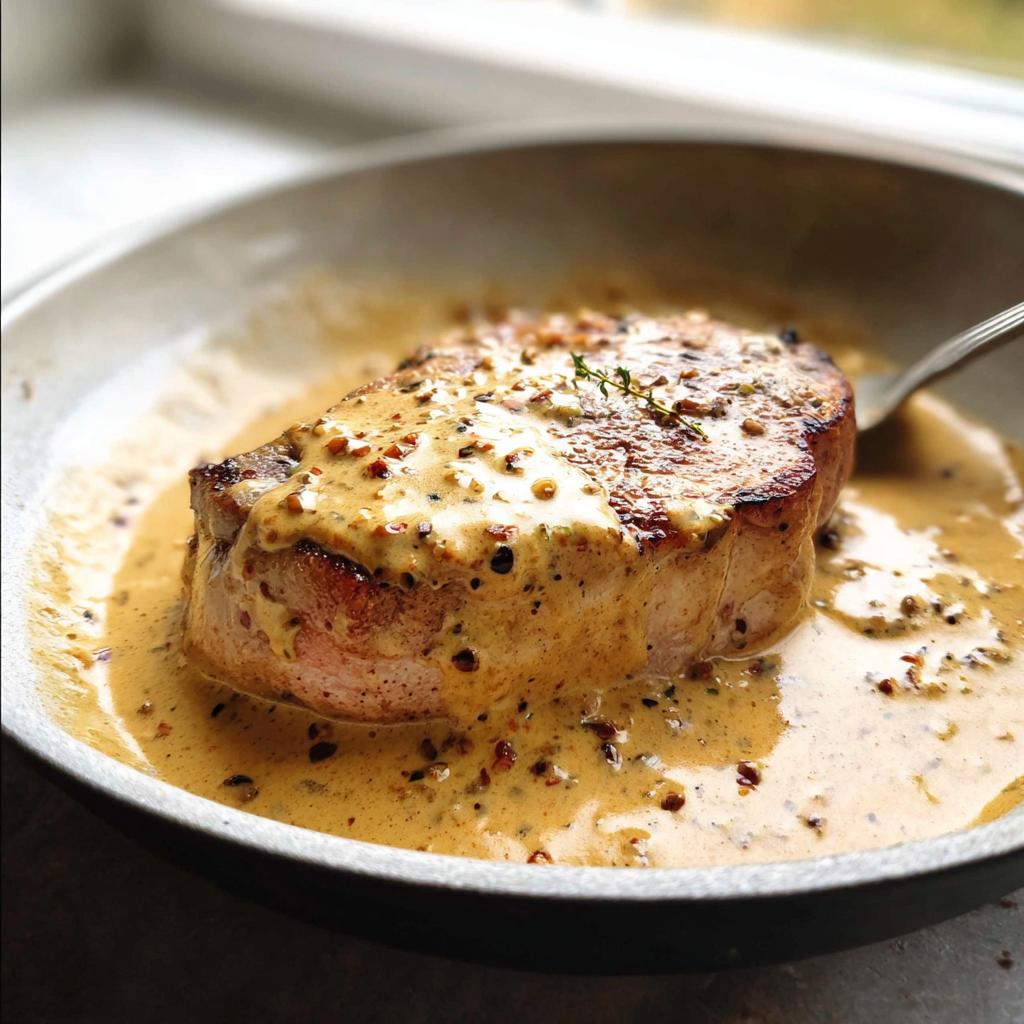 A thick, seared pork chop covered in creamy Dijon sauce, served in a shallow bowl.