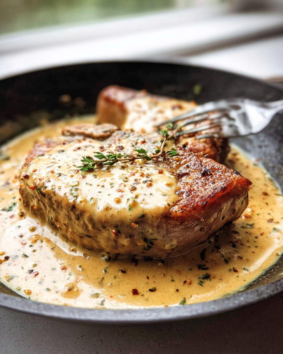 A thick, seared pork chop smothered in creamy Dijon sauce, garnished with thyme, in a black skillet.