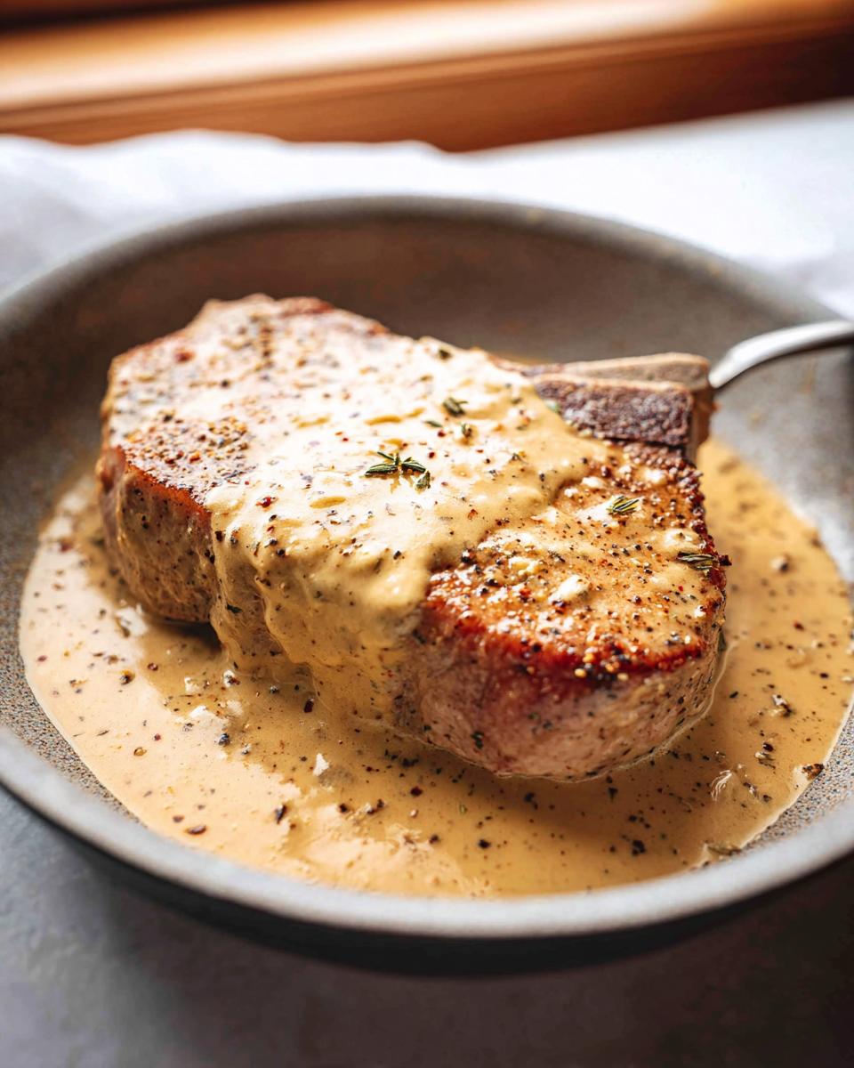 A thick, seared pork chop smothered in creamy Dijon sauce in a skillet.