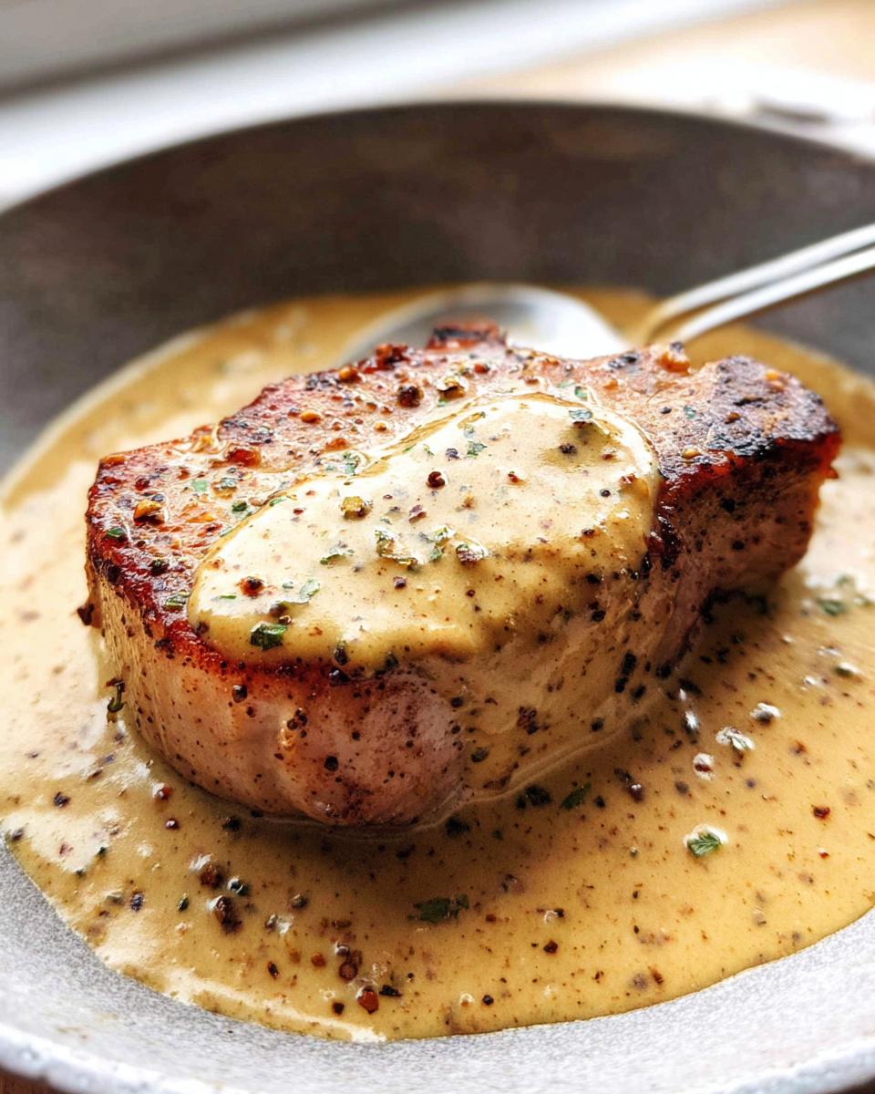 A perfectly seared pork chop smothered in creamy Dijon sauce, ready to eat.