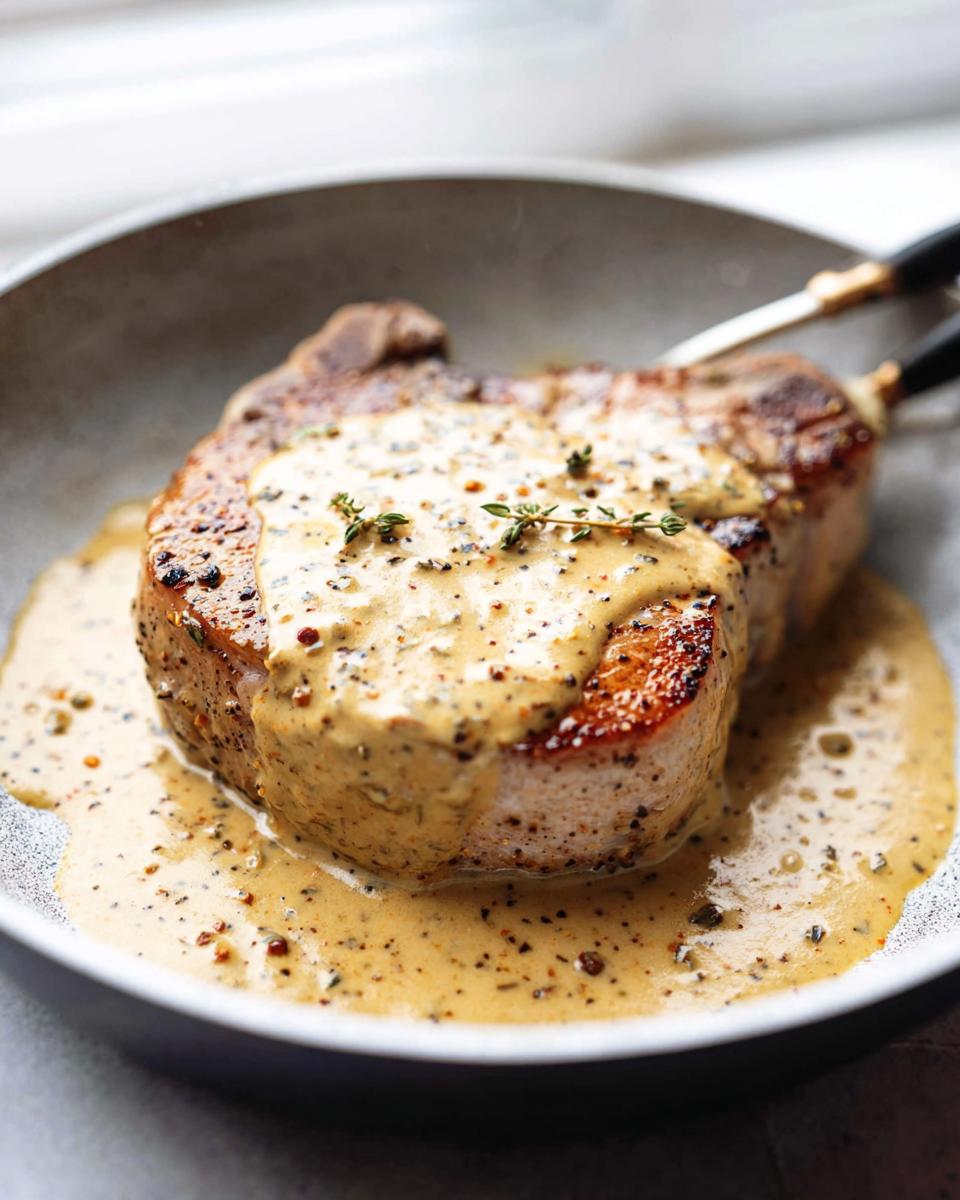 A perfectly seared pork chop smothered in creamy Dijon sauce and garnished with thyme.