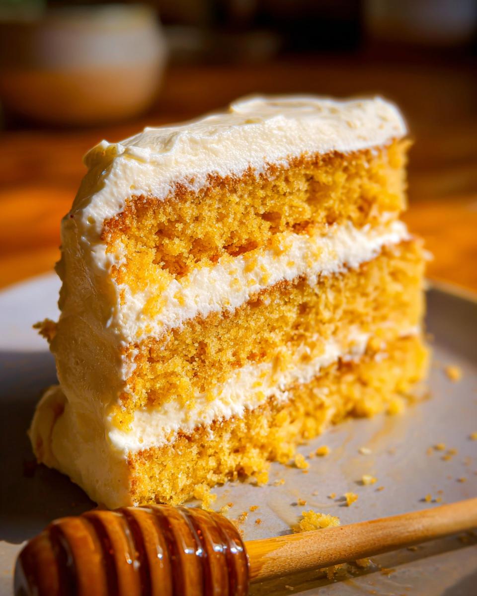 A tall slice of Layered Cornbread Cake showing two layers of golden cake and white frosting, with a honey dipper nearby.