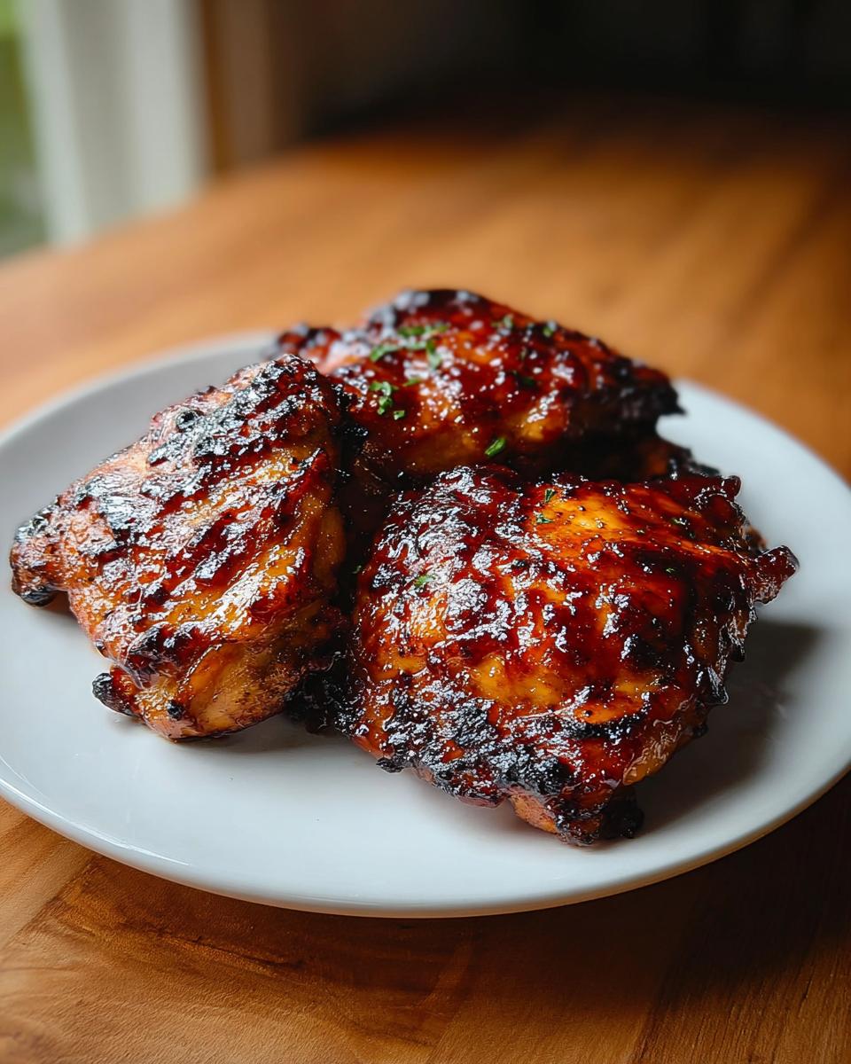 Three perfectly cooked Smoky BBQ Chicken Thighs with caramelized edges piled on a white plate.