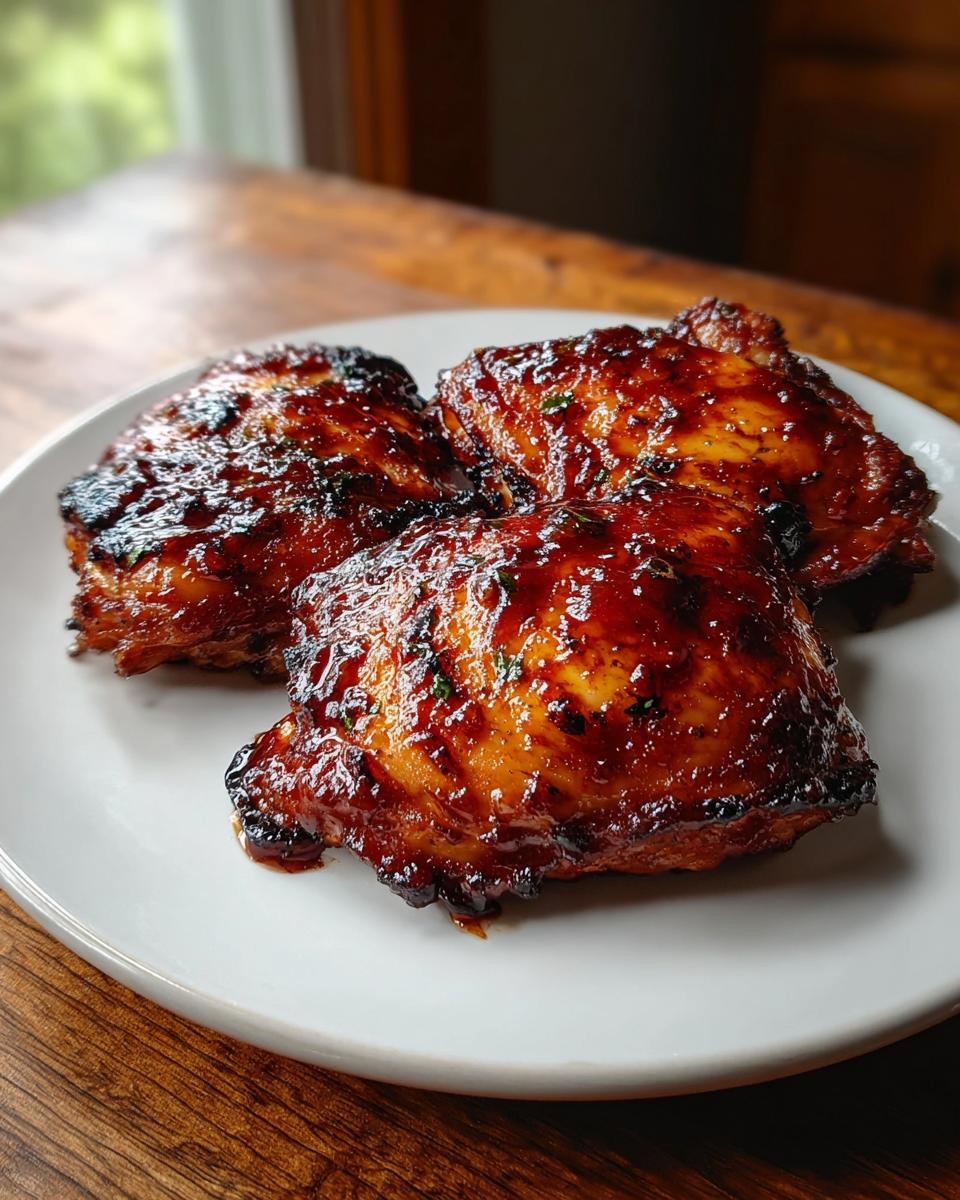 Three perfectly cooked Smoky BBQ Chicken Thighs with caramelized edges on a white plate.