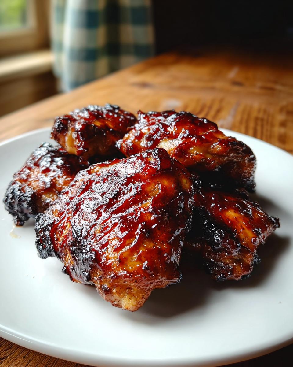 Close-up of five Smoky BBQ Chicken Thighs with caramelized edges piled on a white plate.