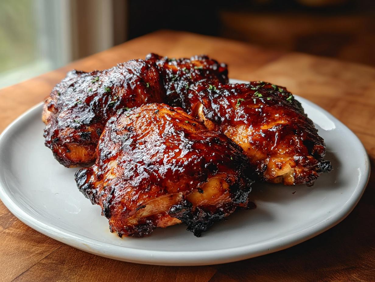 Four perfectly cooked Smoky BBQ Chicken Thighs with caramelized, glossy edges served on a white plate.