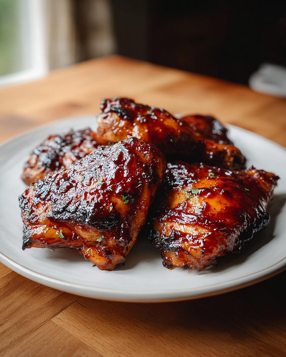 Close-up of four glistening Smoky BBQ Chicken Thighs with caramelized edges on a white plate.