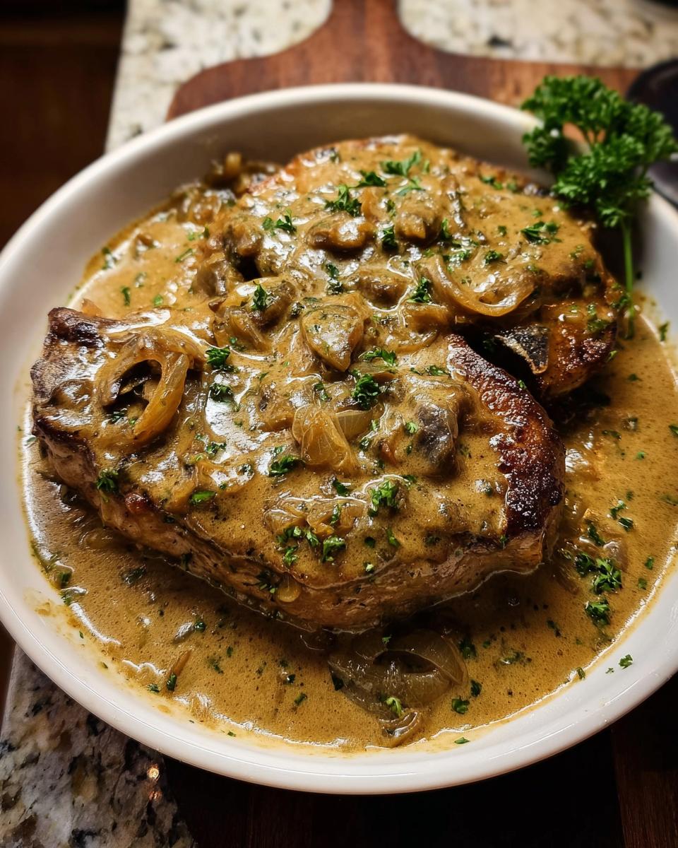 Two thick, seared Smothered Pork Chops with Onion Gravy, topped with mushrooms and parsley.