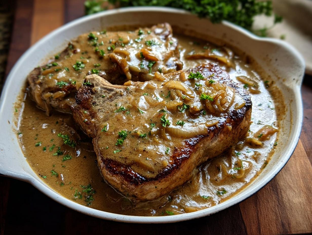 Two beautifully seared Smothered Pork Chops with Onion Gravy, garnished with parsley, served in a white skillet.