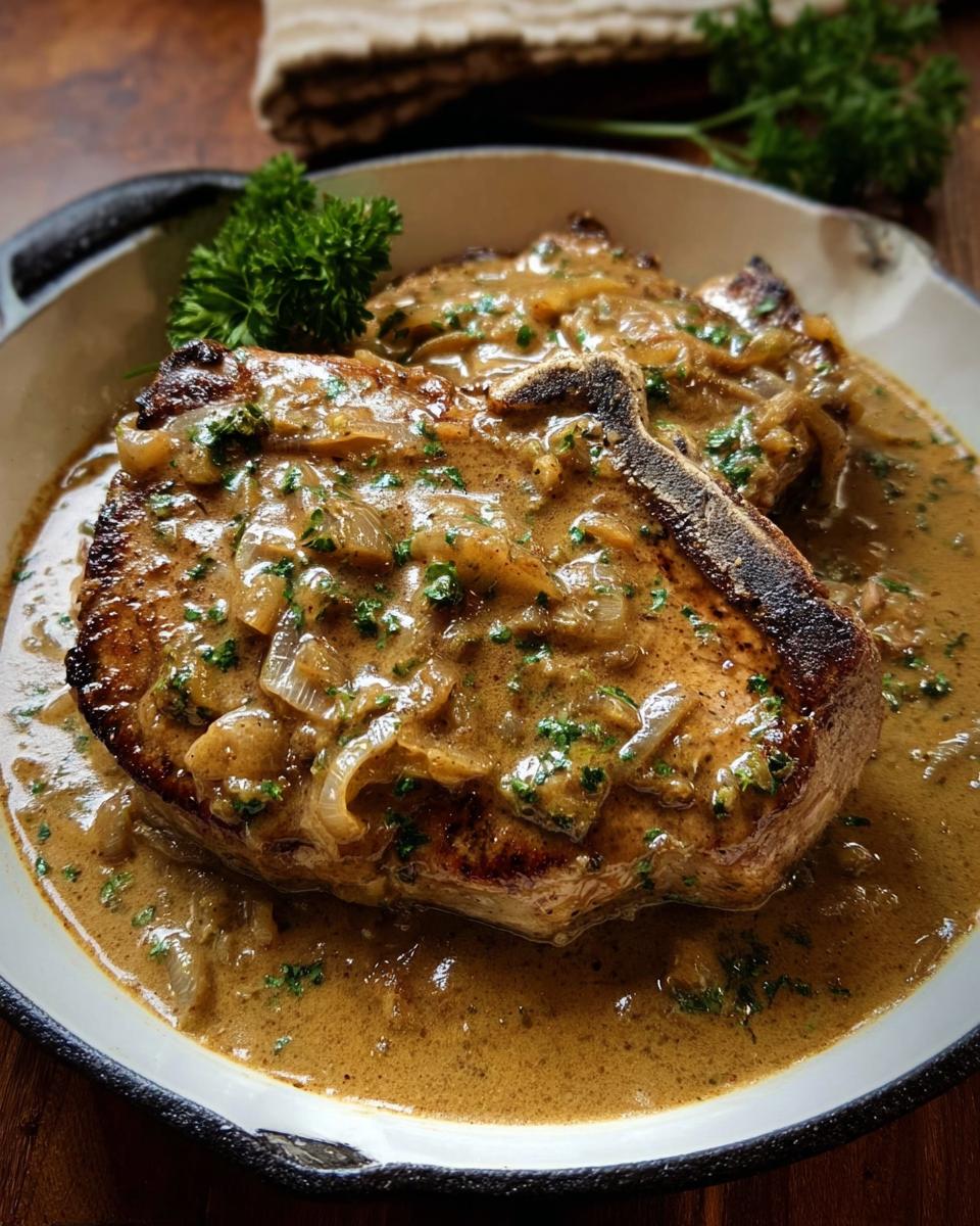 Two thick smothered pork chops covered in creamy onion gravy, garnished with parsley.
