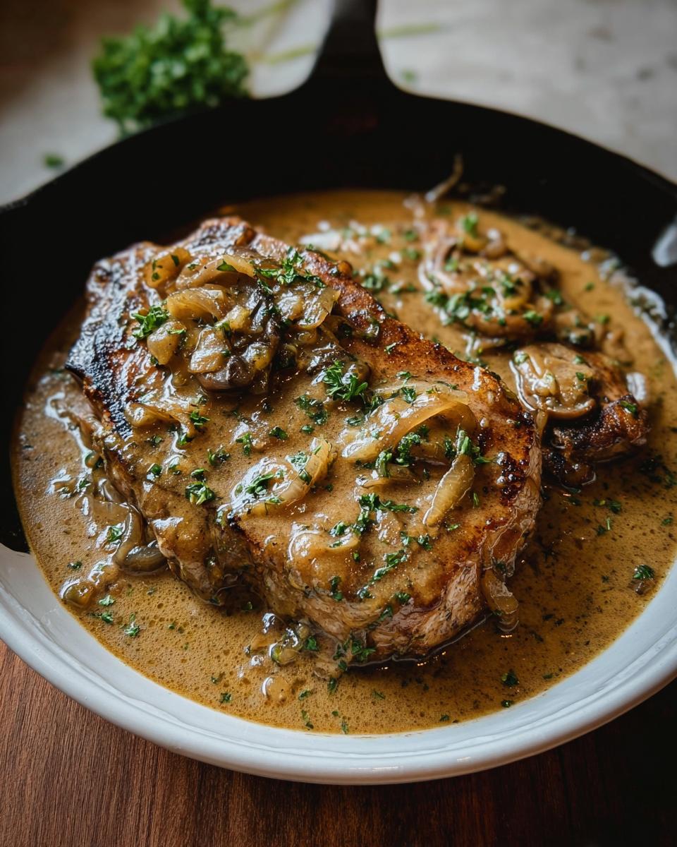 Close-up of perfectly seared Smothered Pork Chops with Onion Gravy, garnished with parsley.
