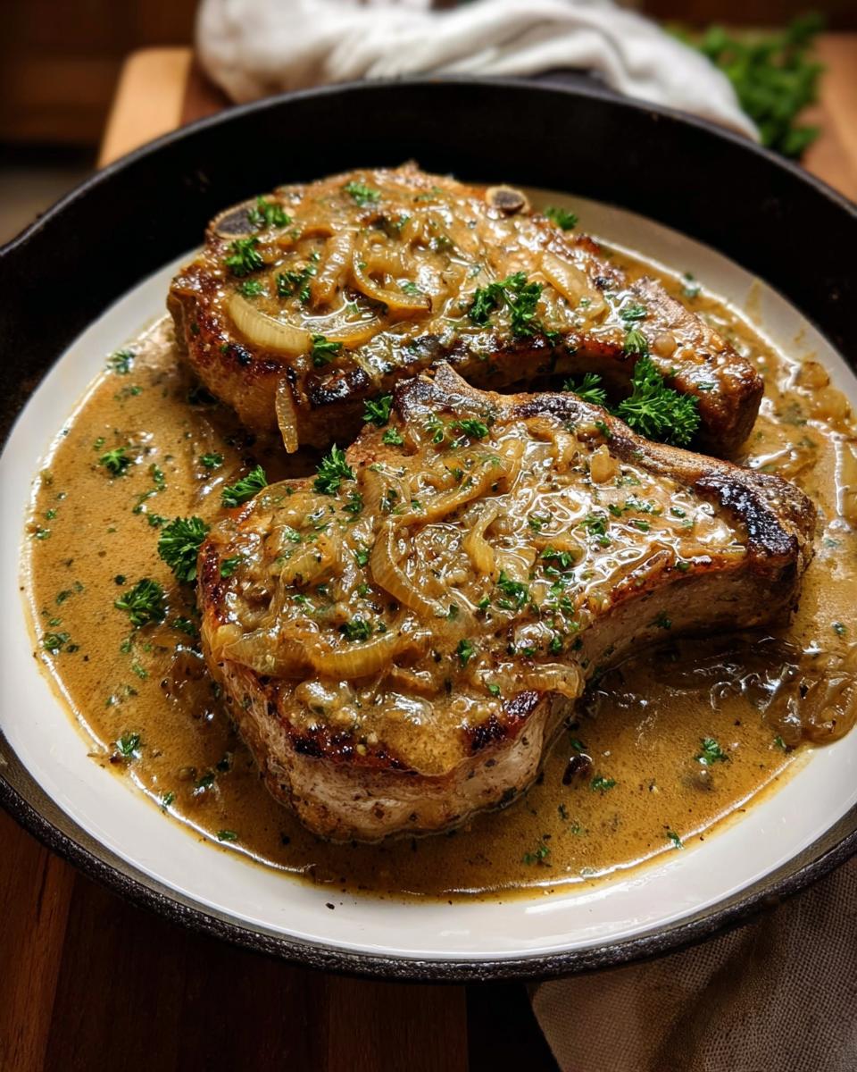 Two perfectly seared Smothered Pork Chops with Onion Gravy, garnished with fresh parsley, served in a white dish inside a cast iron skillet.