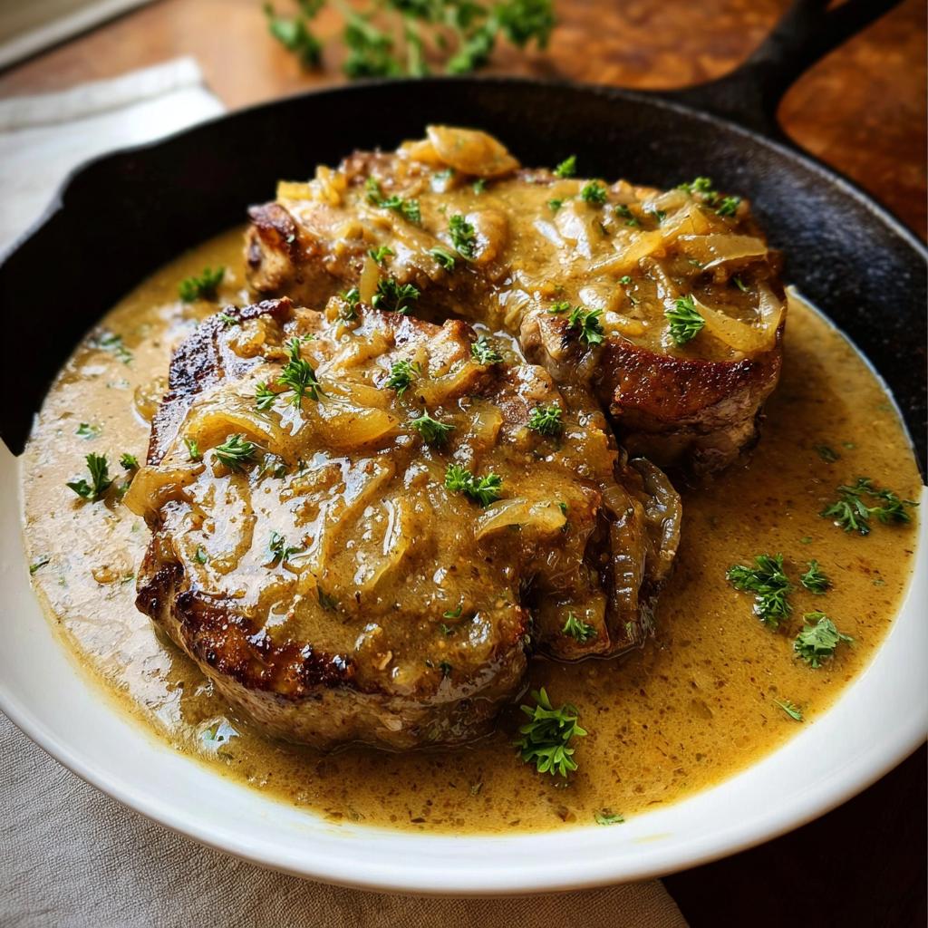 Two perfectly seared Smothered Pork Chops with Onion Gravy, garnished with parsley, served in a white bowl over a cast iron skillet.