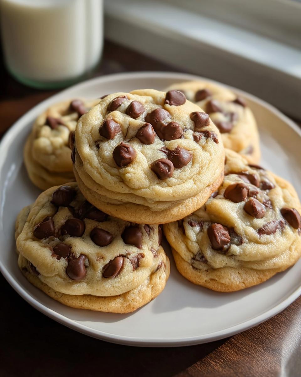 A stack of perfectly baked Soft and Chewy Chocolate Chip Cookies on a white plate, with a glass of milk in the background.