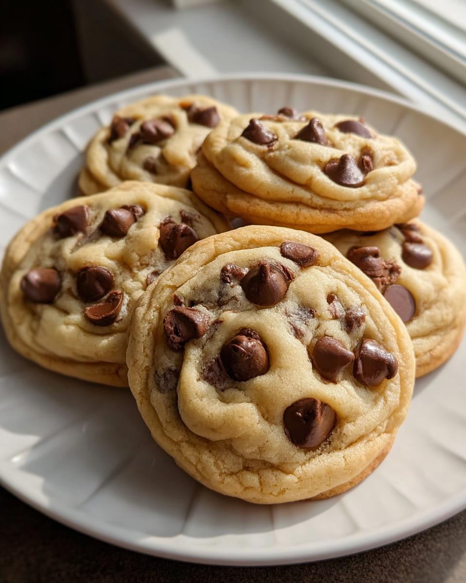 A stack of five perfectly baked Soft and Chewy Chocolate Chip Cookies on a white plate.