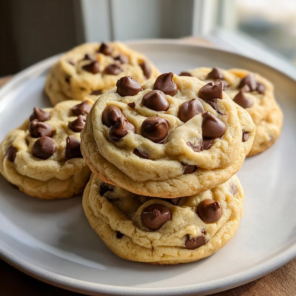 A stack of four Soft and Chewy Chocolate Chip Cookies loaded with chocolate chips on a light gray plate.
