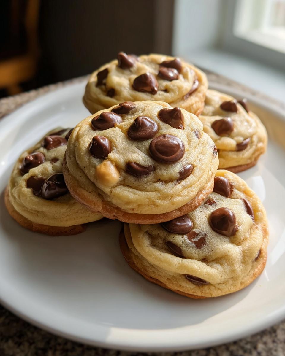 A stack of five perfectly baked Soft and Chewy Chocolate Chip Cookies piled on a white plate.