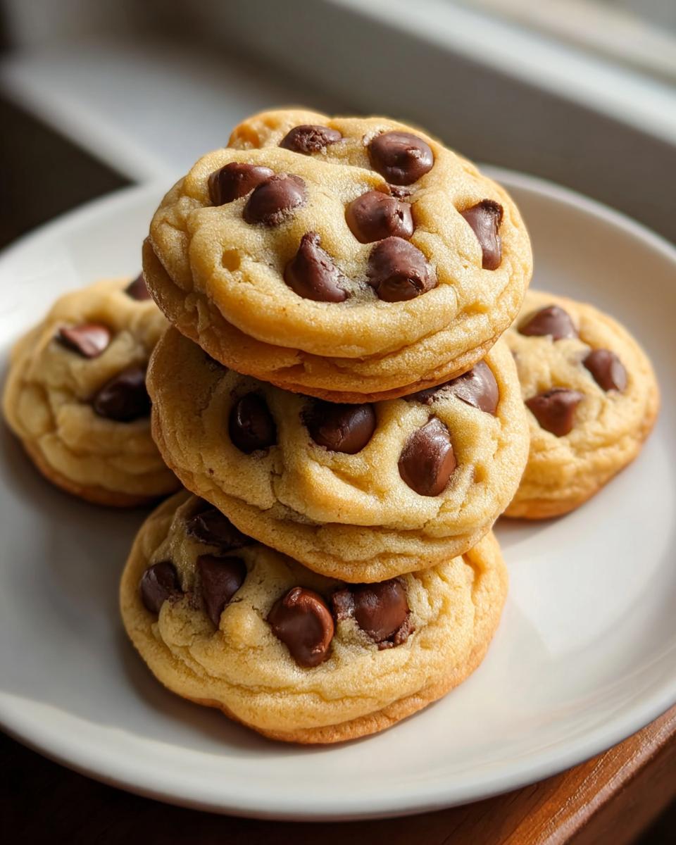 A stack of four perfectly baked Soft and Chewy Chocolate Chip Cookies piled on a white plate.
