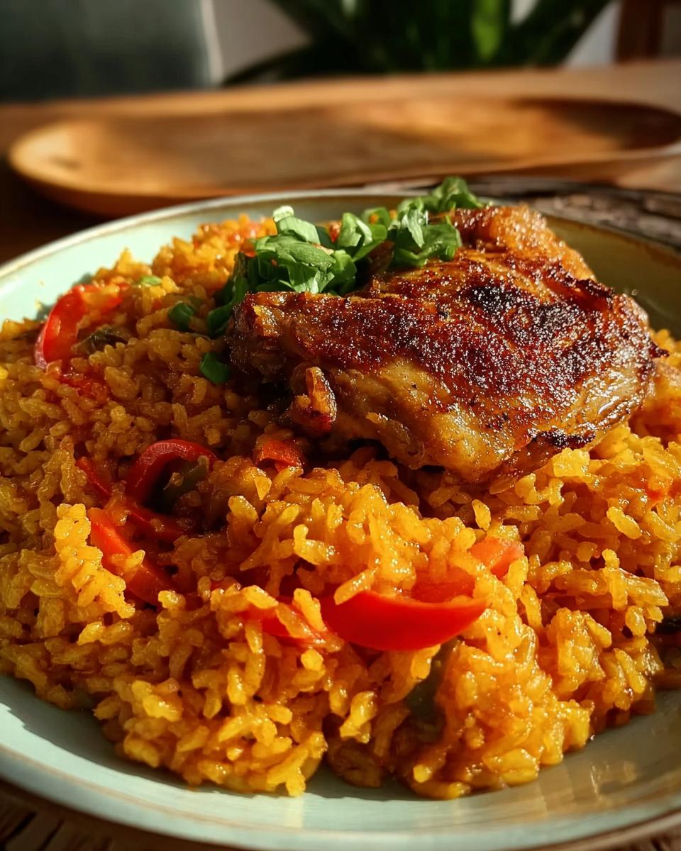 A close-up of Spanish Style Chicken and Rice with Paprika, featuring a crispy chicken thigh on bright yellow rice and red peppers.